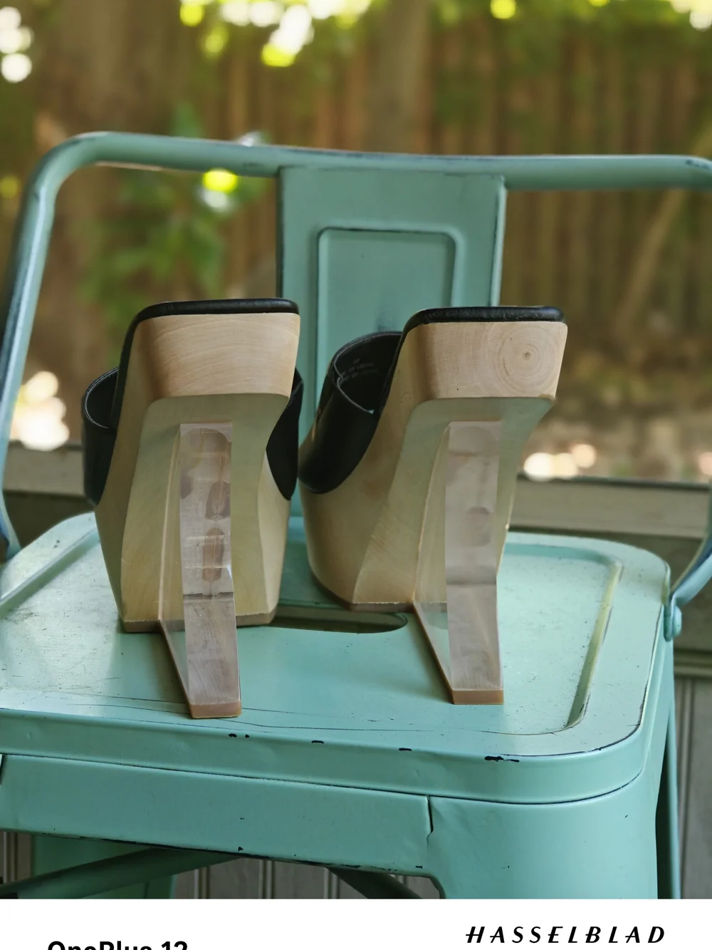 Jeffrey Campbell Black Leather Platform Slides with Natural Wood-Tone Sole